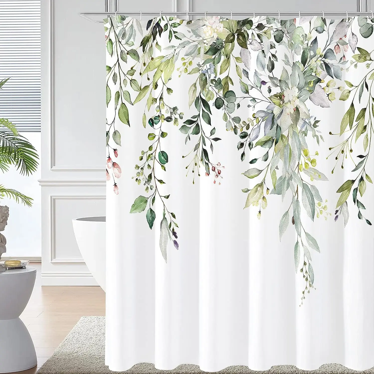 Shower Curtain Liner - Watercolor Eucalyptus Leaf Shower Curtain Hanging