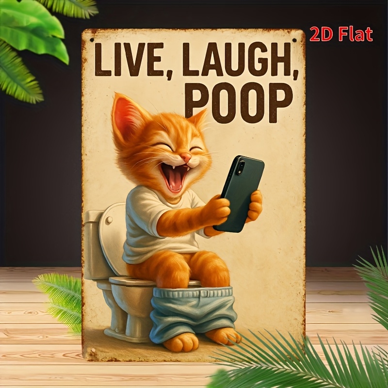 Home Bathroom Wall Art - Funny Cat on Toilet Metal Wall