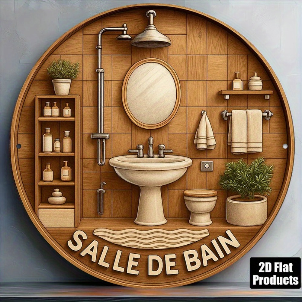 Home Bathroom Wall Art - CIFBUY Retro French Bathroom Round 8x8in
