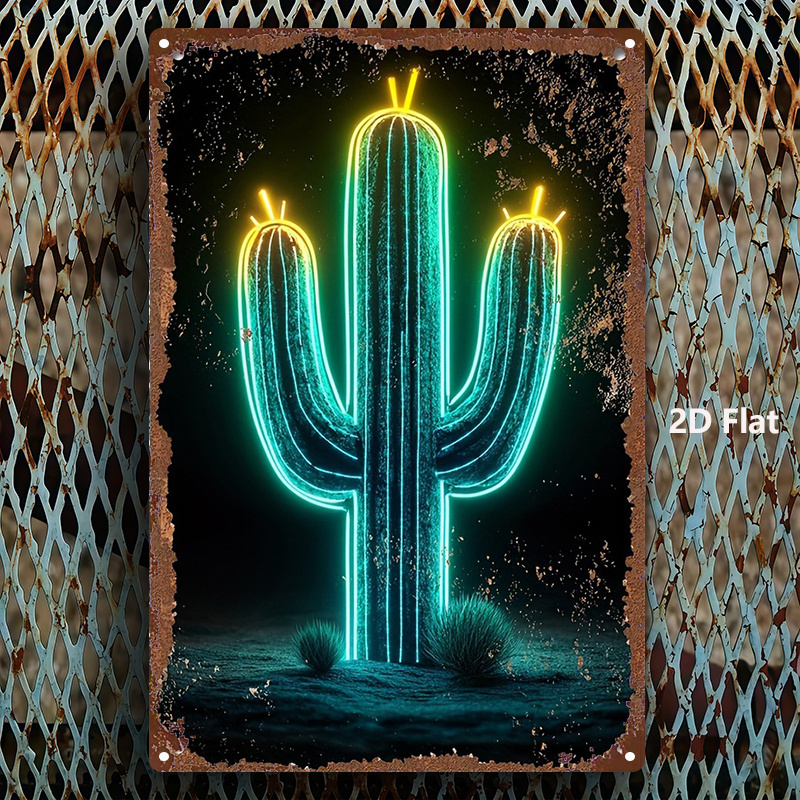 Home Bathroom Wall Art - Vintage Neon Desert Cactus Aluminum Wall